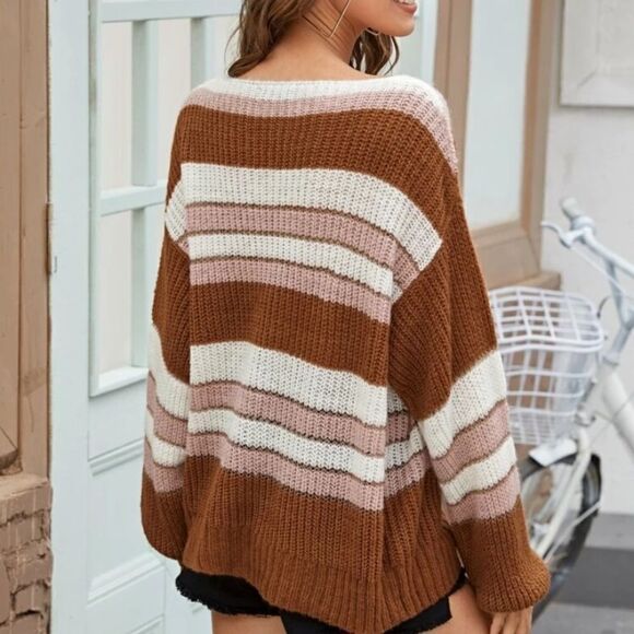 Brown Tan Stripe V Neck Sweater Medium - Picture 3 of 5